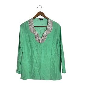 DREW Green 100% Silk Jeweled Embellished V-Neck Long Sleeve Tunic Top